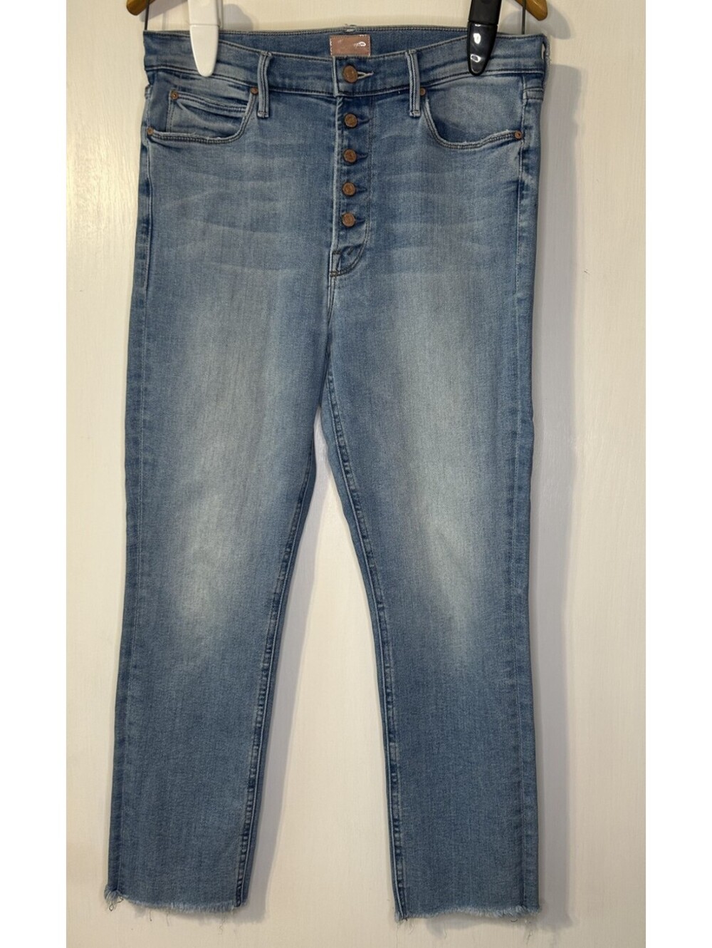Mother The Pixie Dazzler Ankle Fray Jeans Au Revoir Light Blue High Rise Size 31